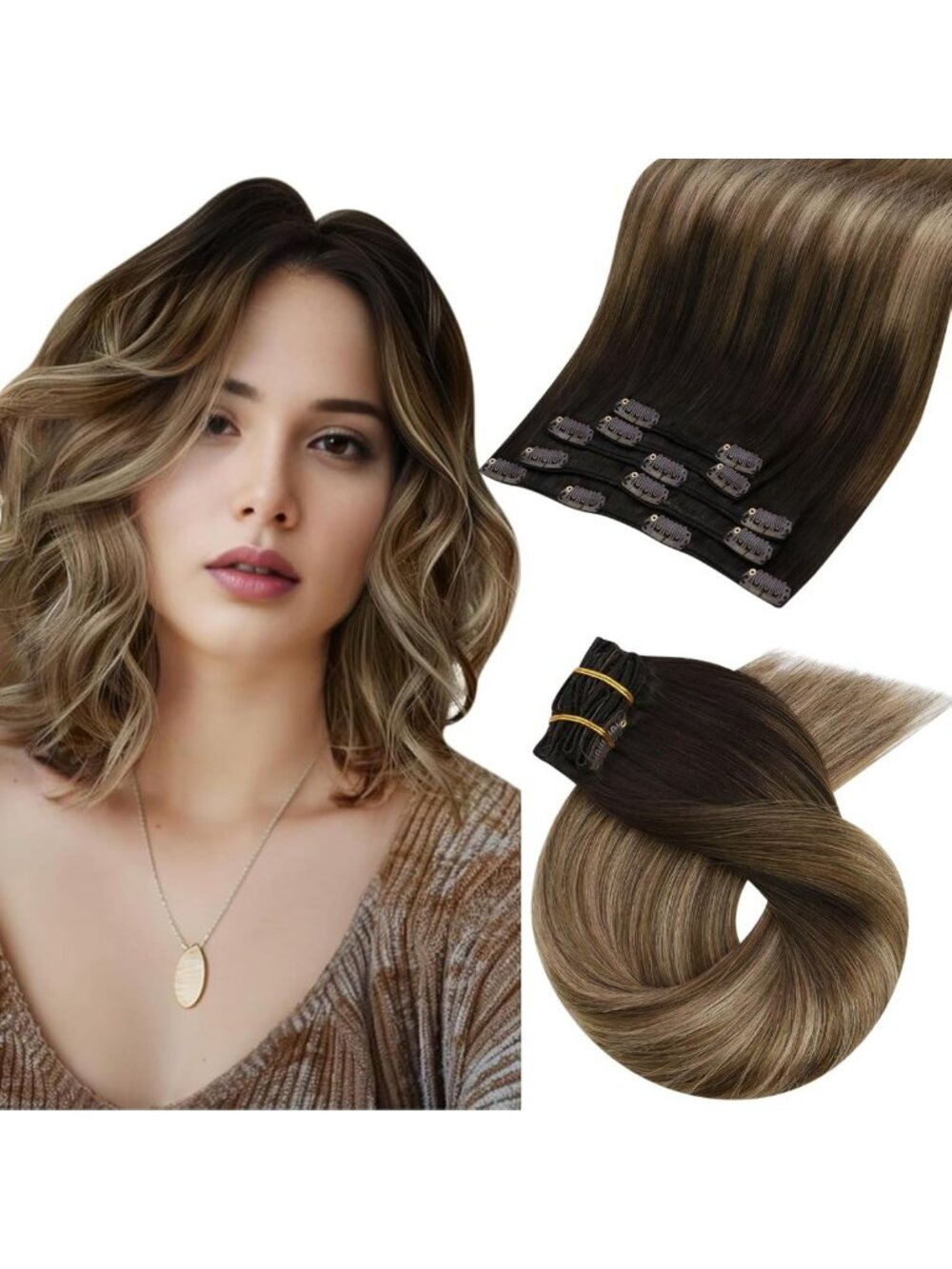 10-Inch Ombre Clip-In Hair Extensions - Brown to Blonde Balayage, 80g, 5pcs